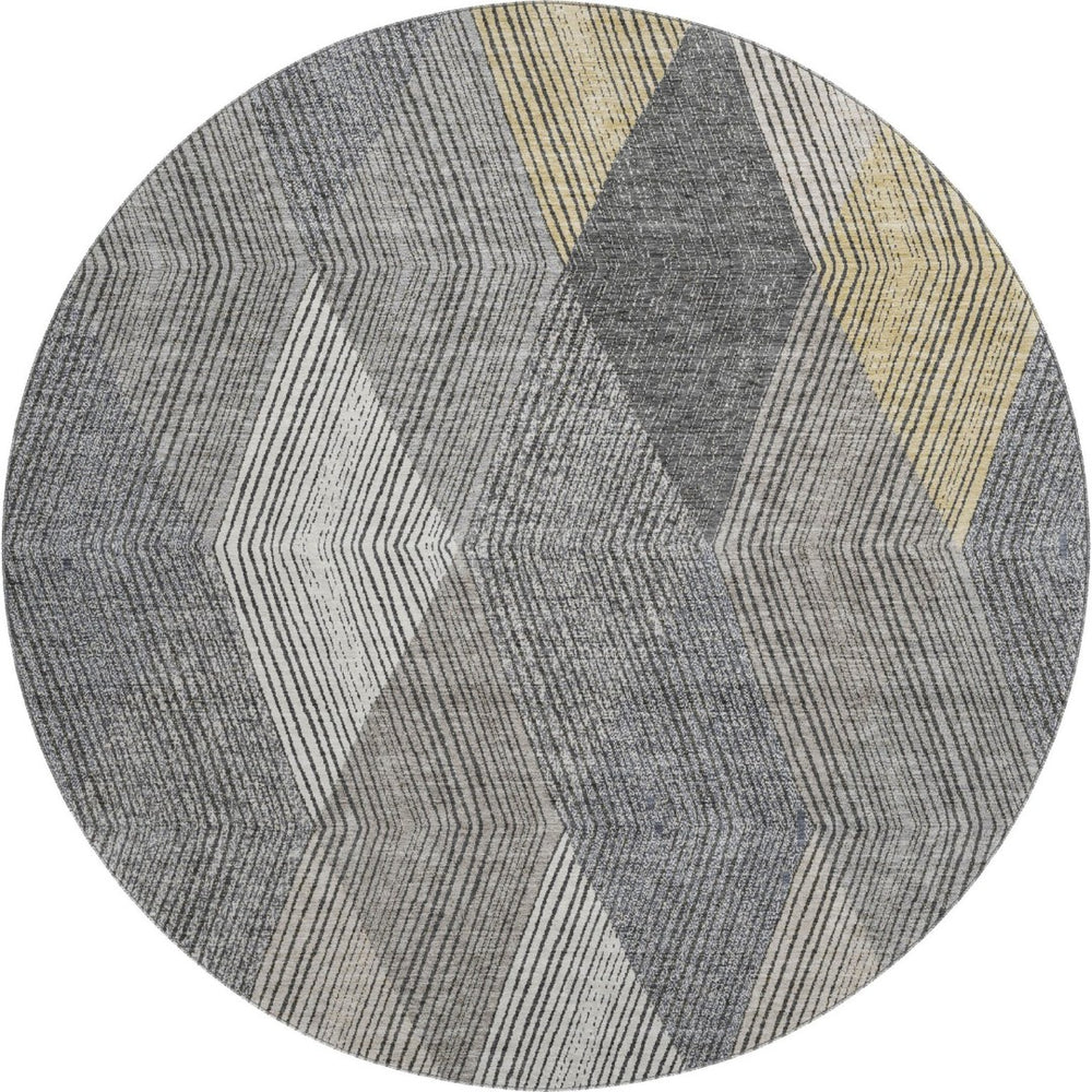 HomeRoots 8' Modern Geometric Round Rug in Pewter, Gold & Ivory – Washable, UV Protected & Stain-Resistant! 676215