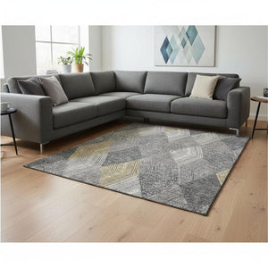 HomeRoots 8' X 10' Stylish Pewter Gold Ivory Geometric Area Rug - Washable, UV Protected, Stain Resistant Design 676216