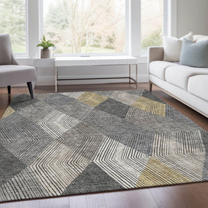 HomeRoots 8' X 10' Stylish Pewter Gold Ivory Geometric Area Rug - Washable, UV Protected, Stain Resistant Design 676216