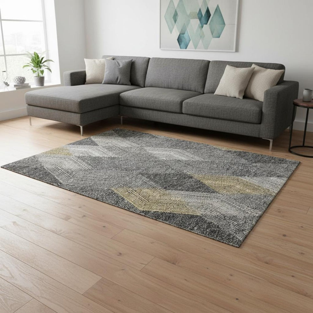 HomeRoots 9' X 12' Contemporary Pewter Gold Ivory Geometric Washable Area Rug with UV Protection & Comfort 676217