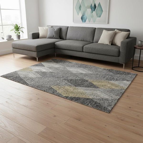HomeRoots 9' X 12' Contemporary Pewter Gold Ivory Geometric Washable Area Rug with UV Protection & Comfort 676217
