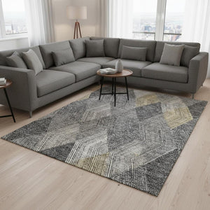 HomeRoots 10' X 14' Pewter Gold & Ivory Geometric Washable Area Rug - Durable, Stylish, UV Protected Design 676218