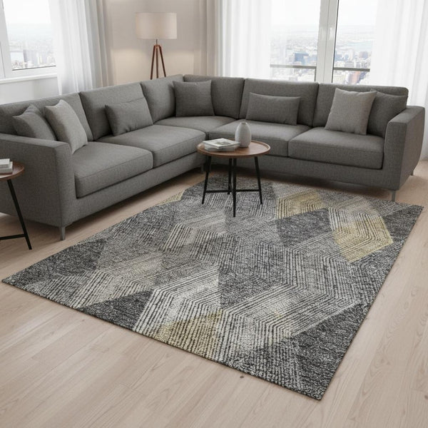 HomeRoots 10' X 14' Pewter Gold & Ivory Geometric Washable Area Rug - Durable, Stylish, UV Protected Design 676218
