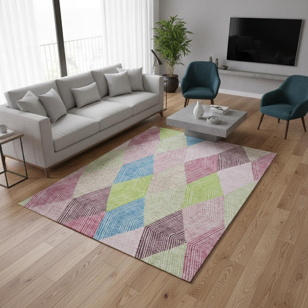 HomeRoots 5' Colorful Geometric Washable Area Rug in Pink, Lime Green & Blue - UV Protected, Durable Design 676220