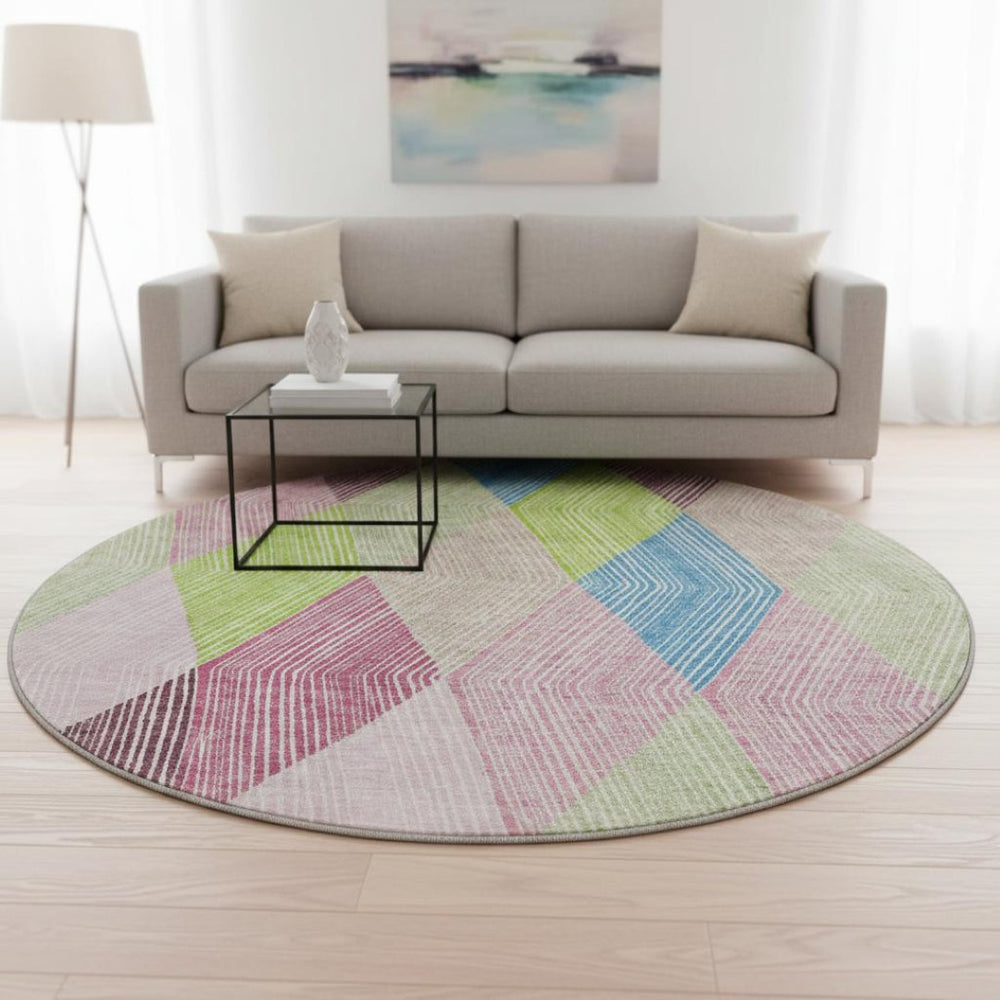 HomeRoots 8' Modern Geometric Washable Round Rug in Pink, Lime Green & Blue - UV Protected & Stain Resistant 676221