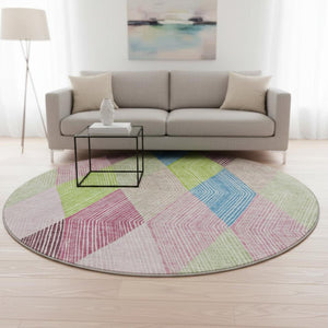 HomeRoots 8' Modern Geometric Washable Round Rug in Pink, Lime Green & Blue - UV Protected & Stain Resistant 676221