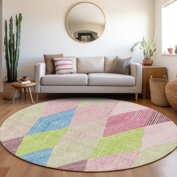 HomeRoots 8' Modern Geometric Washable Round Rug in Pink, Lime Green & Blue - UV Protected & Stain Resistant 676221