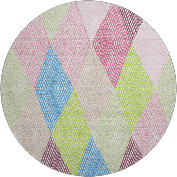 HomeRoots 8' Modern Geometric Washable Round Rug in Pink, Lime Green & Blue - UV Protected & Stain Resistant 676221