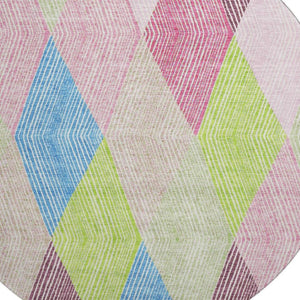HomeRoots 8' Modern Geometric Washable Round Rug in Pink, Lime Green & Blue - UV Protected & Stain Resistant 676221