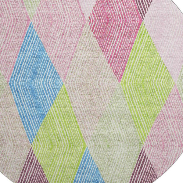 HomeRoots 8' Modern Geometric Washable Round Rug in Pink, Lime Green & Blue - UV Protected & Stain Resistant 676221