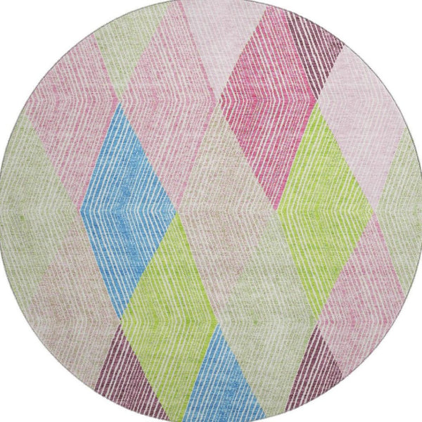 HomeRoots 8' Modern Geometric Washable Round Rug in Pink, Lime Green & Blue - UV Protected & Stain Resistant 676221