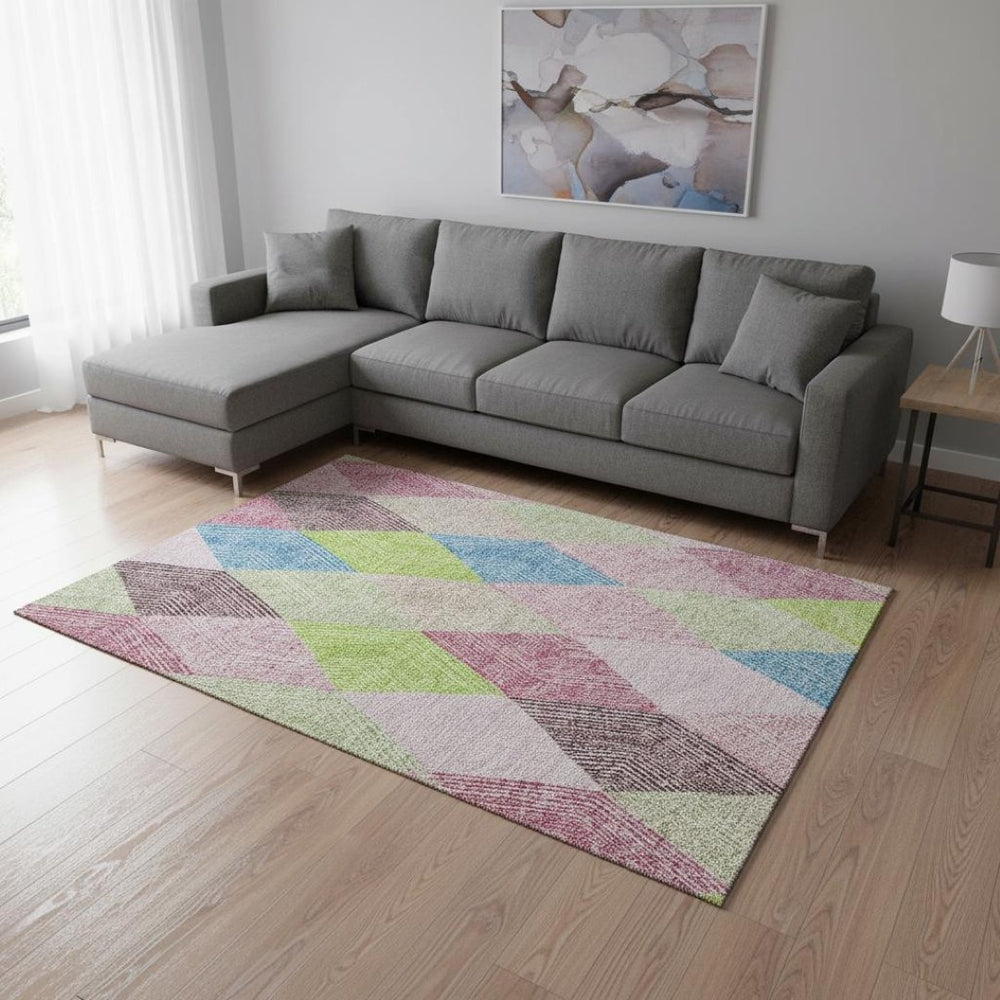 HomeRoots 8' X 10' Washable Geometric Area Rug in Pink, Lime Green & Blue - UV Protected, Kid & Pet Friendly! 676222