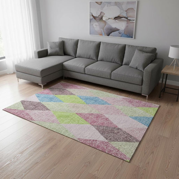 HomeRoots 8' X 10' Washable Geometric Area Rug in Pink, Lime Green & Blue - UV Protected, Kid & Pet Friendly! 676222