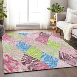 HomeRoots 8' X 10' Washable Geometric Area Rug in Pink, Lime Green & Blue - UV Protected, Kid & Pet Friendly! 676222