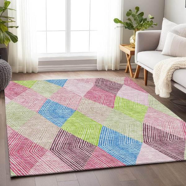 HomeRoots 8' X 10' Washable Geometric Area Rug in Pink, Lime Green & Blue - UV Protected, Kid & Pet Friendly! 676222
