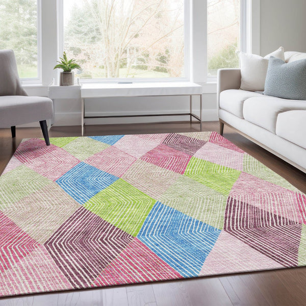 HomeRoots 9' X 12' Vibrant Pink, Lime Green & Blue Geometric Area Rug - Washable, UV-Protected & Durable! 676223