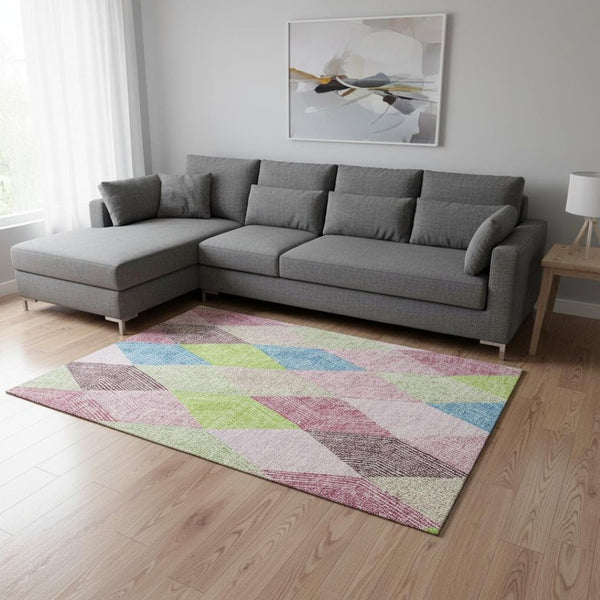 HomeRoots 10' X 14' Vibrant Pink Lime Green and Blue Geometric Area Rug – UV Protected, Washable & Durable! 676224