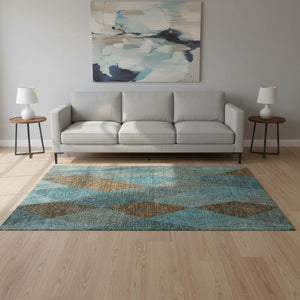 HomeRoots 5' X 8' Teal and Brown Geometric Area Rug - Washable, UV Protected, Stain Resistant for Busy Homes! 676226
