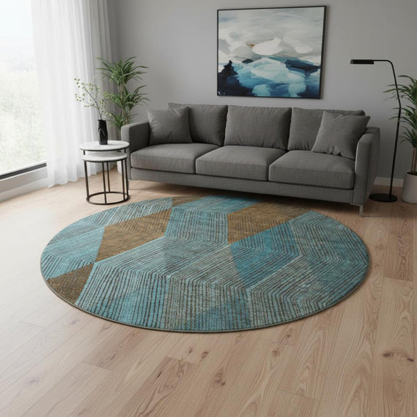 HomeRoots 8' Teal and Brown Geometric Round Rug - Washable, UV Protected, Stylish, Durable, Pet-Friendly Design 676227