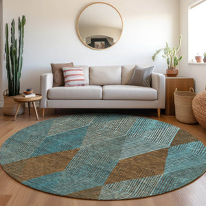 HomeRoots 8' Teal and Brown Geometric Round Rug - Washable, UV Protected, Stylish, Durable, Pet-Friendly Design 676227