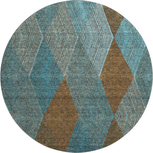 HomeRoots 8' Teal and Brown Geometric Round Rug - Washable, UV Protected, Stylish, Durable, Pet-Friendly Design 676227