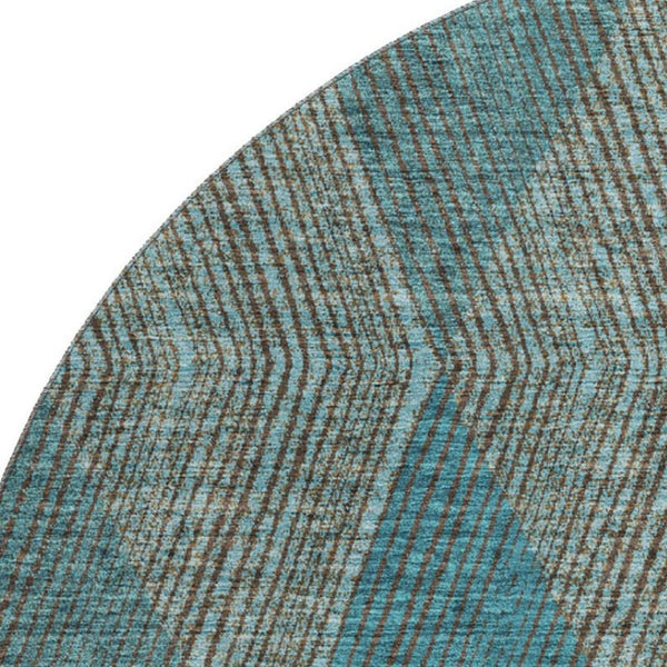 HomeRoots 8' Teal and Brown Geometric Round Rug - Washable, UV Protected, Stylish, Durable, Pet-Friendly Design 676227