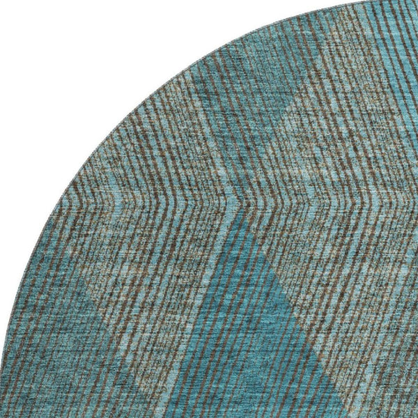 HomeRoots 8' Teal and Brown Geometric Round Rug - Washable, UV Protected, Stylish, Durable, Pet-Friendly Design 676227
