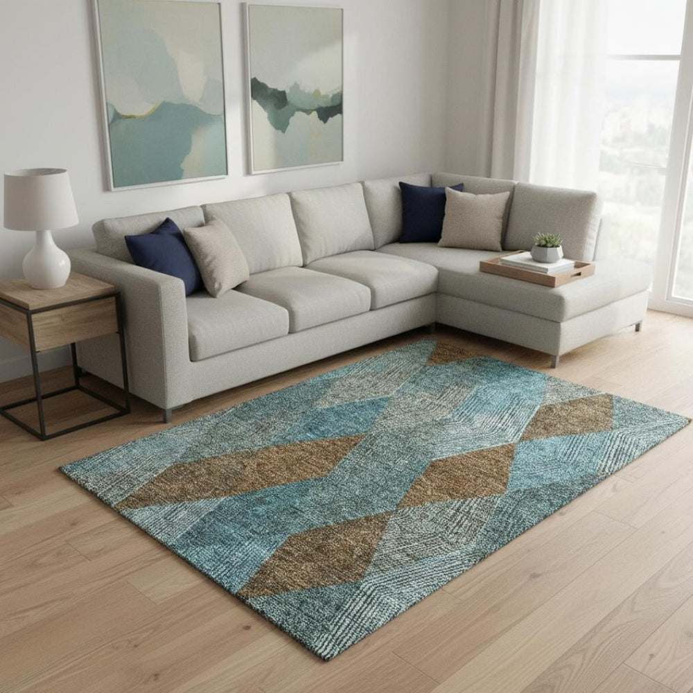 HomeRoots 8' X 10' Teal and Brown Geometric Area Rug - Washable, UV Protected, Stylish & Durable for Homes 676228