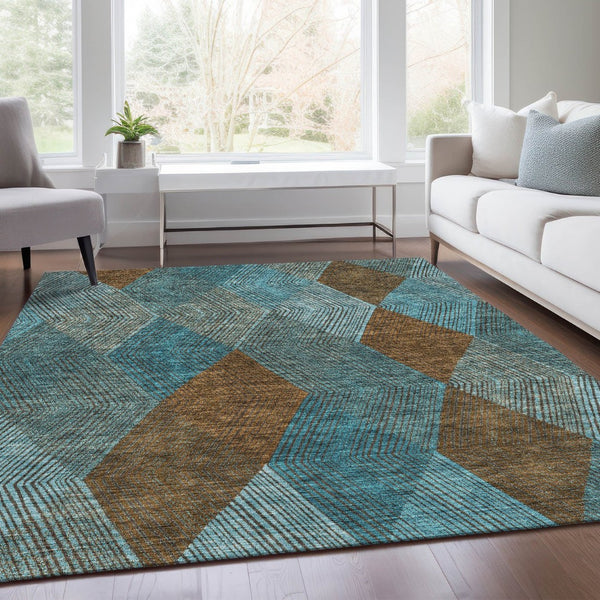 HomeRoots 8' X 10' Teal and Brown Geometric Area Rug - Washable, UV Protected, Stylish & Durable for Homes 676228
