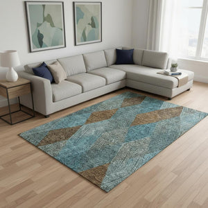 HomeRoots 9' X 12' Teal & Brown Geometric Area Rug – Washable, UV-Protected, Perfect for Modern Homes! 676229