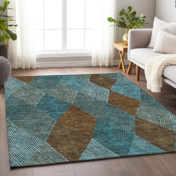 HomeRoots 9' X 12' Teal & Brown Geometric Area Rug – Washable, UV-Protected, Perfect for Modern Homes! 676229