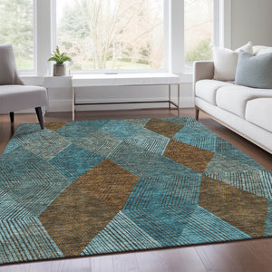 HomeRoots 9' X 12' Teal & Brown Geometric Area Rug – Washable, UV-Protected, Perfect for Modern Homes! 676229