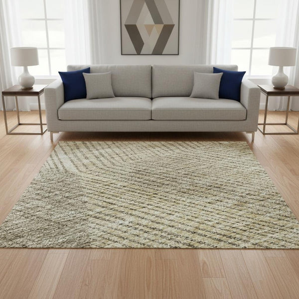 HomeRoots 5' X 8' Washable Wheat Beige & Gray Geometric Area Rug – Stain Resistant, UV Protected, Durable Design 676232