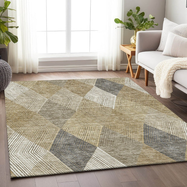 HomeRoots 5' X 8' Washable Wheat Beige & Gray Geometric Area Rug – Stain Resistant, UV Protected, Durable Design 676232