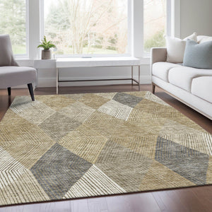 HomeRoots 5' X 8' Washable Wheat Beige & Gray Geometric Area Rug – Stain Resistant, UV Protected, Durable Design 676232