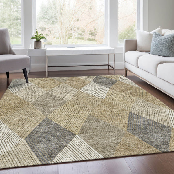 HomeRoots 5' X 8' Washable Wheat Beige & Gray Geometric Area Rug – Stain Resistant, UV Protected, Durable Design 676232