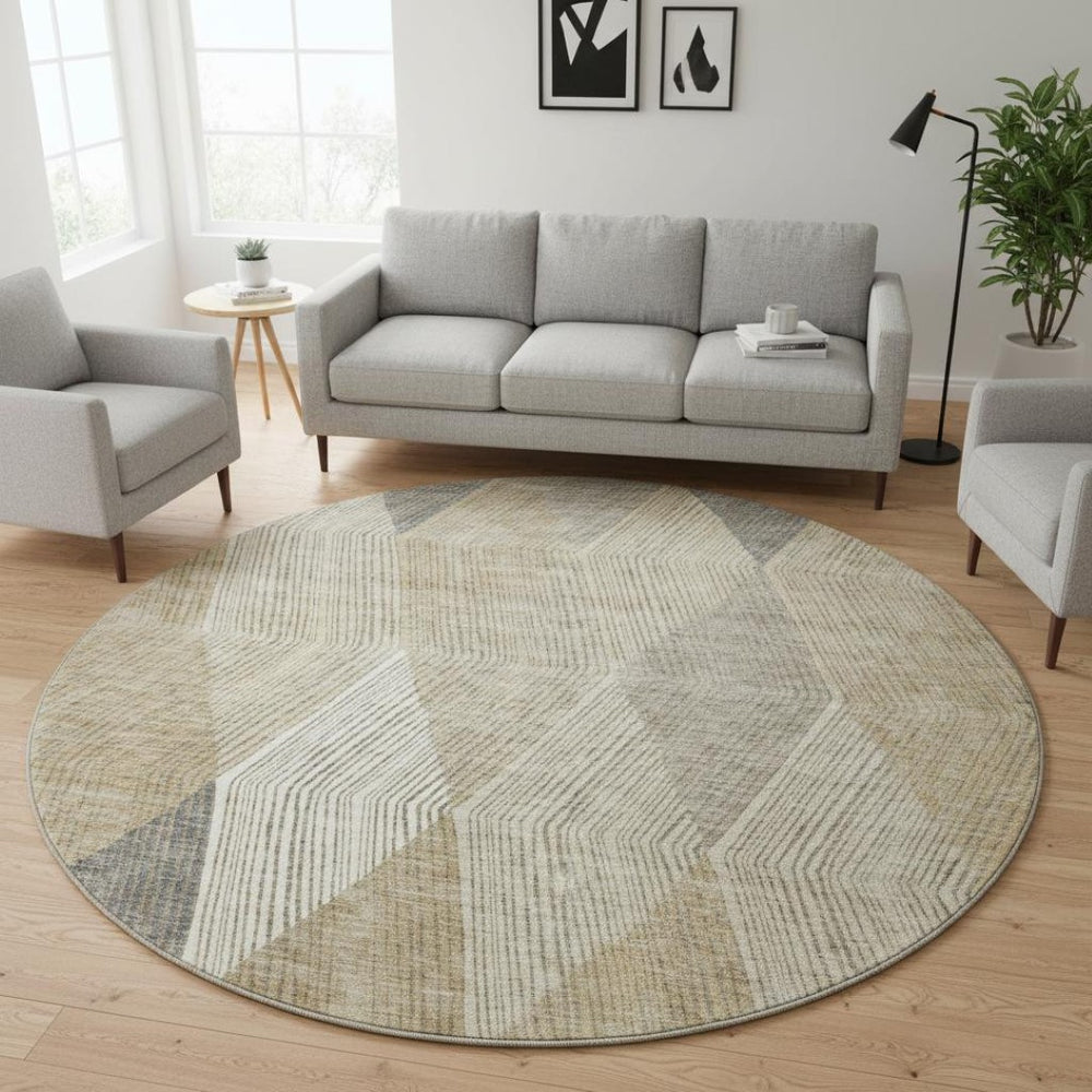 HomeRoots 8' Washable Round Rug in Wheat Beige & Gray - UV Protected, Stain Resistant, Perfect for Busy Homes! 676233