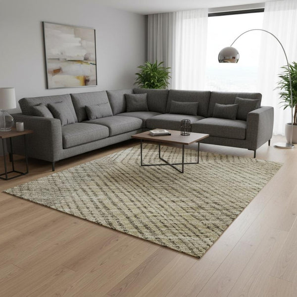 HomeRoots 9' X 12' Wheat Beige & Gray Geometric Area Rug - Washable, UV Resistant for Family-Friendly Style! 676235