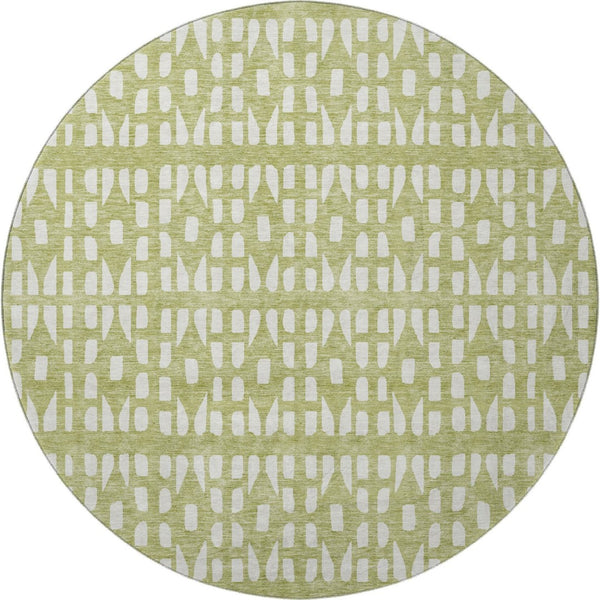 HomeRoots 8' Artichoke Green & Ivory Geometric Washable Round Rug with UV Protection for High-Traffic Spaces 676239