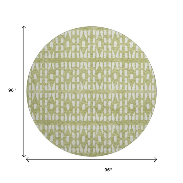 HomeRoots 8' Artichoke Green & Ivory Geometric Washable Round Rug with UV Protection for High-Traffic Spaces 676239