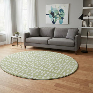 HomeRoots 8' Artichoke Green & Ivory Geometric Washable Round Rug with UV Protection for High-Traffic Spaces 676239