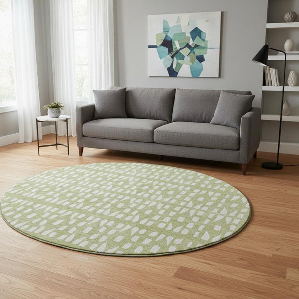 HomeRoots 8' Artichoke Green & Ivory Geometric Washable Round Rug with UV Protection for High-Traffic Spaces 676239