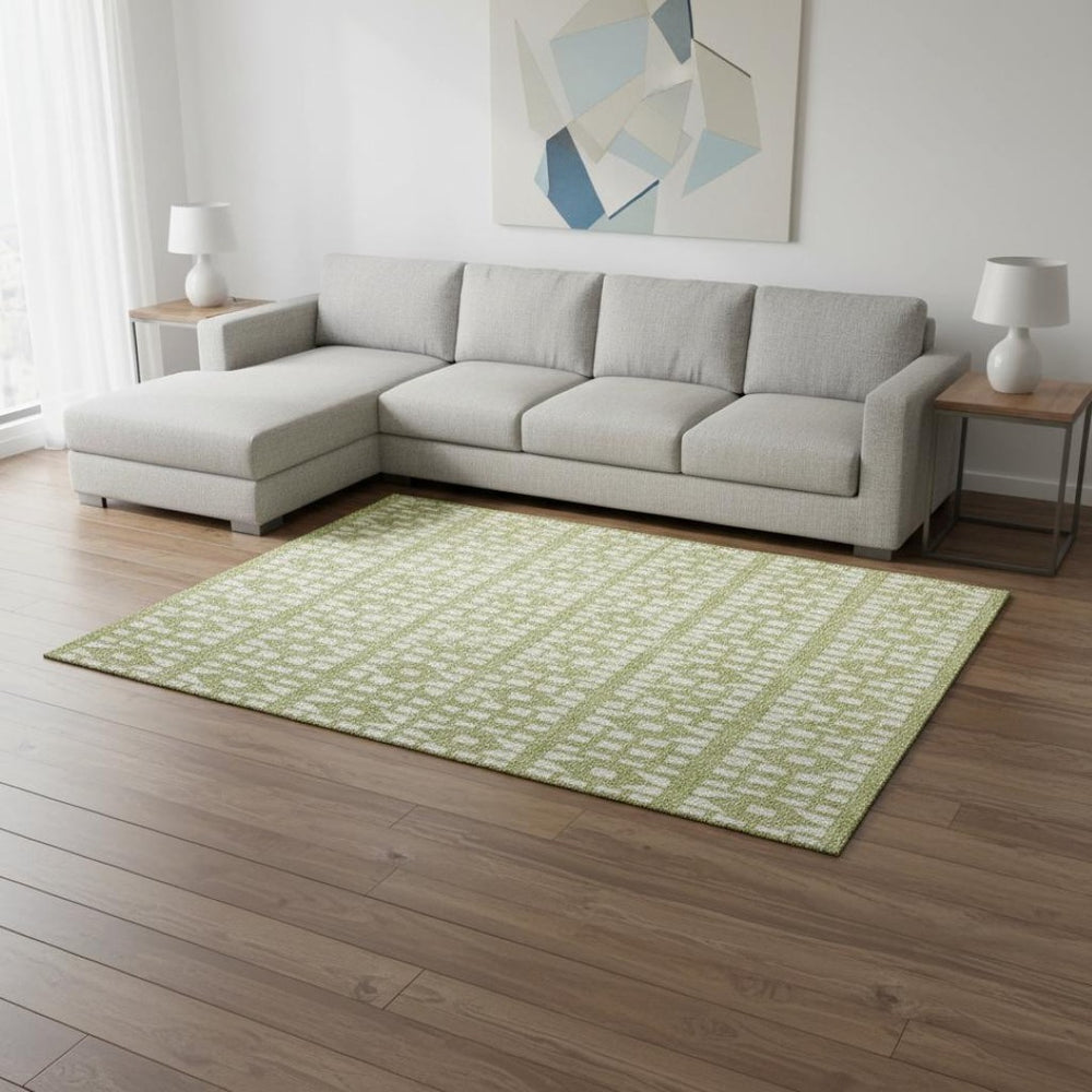 HomeRoots 9' X 12' Artichoke Green Geometric Area Rug – Durable, Washable, UV Protected for Busy Homes 676241