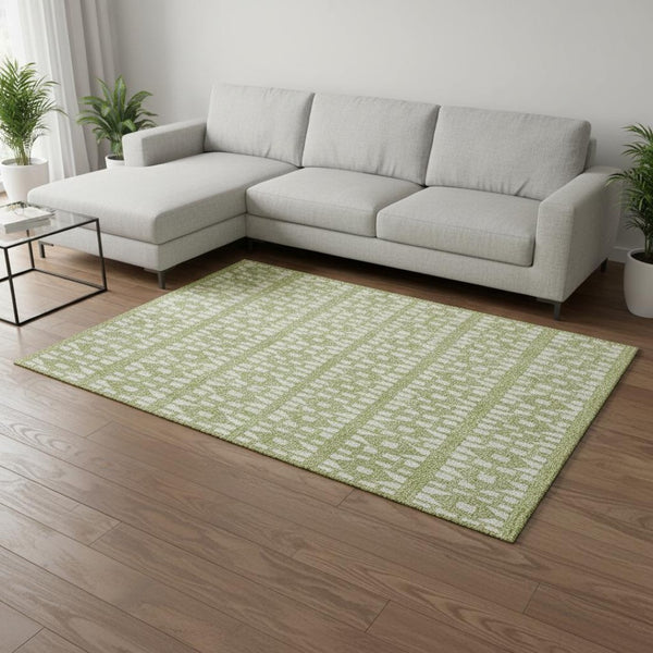 HomeRoots 10' Artichoke Green & Ivory Geometric Washable Area Rug - UV Protected, Stain-Resistant, Modern Style 676242