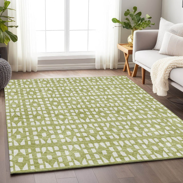 HomeRoots 10' Artichoke Green & Ivory Geometric Washable Area Rug - UV Protected, Stain-Resistant, Modern Style 676242