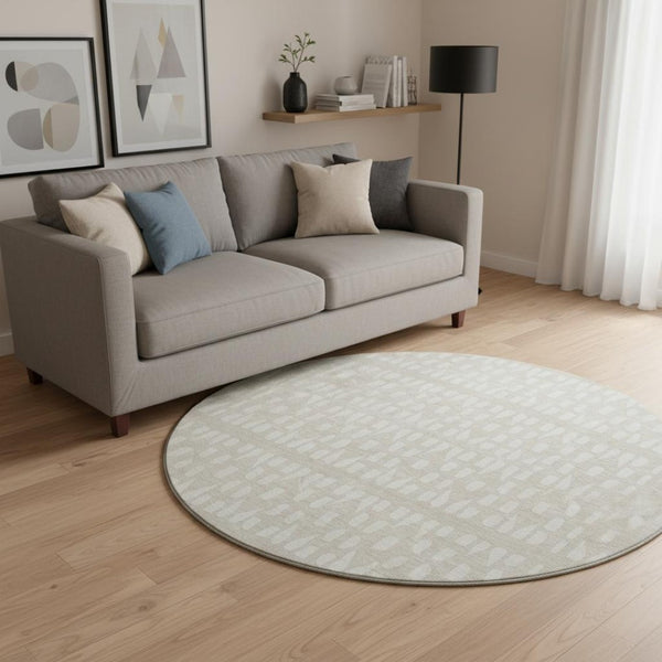 HomeRoots 8' Beige and Ivory Geometric Round Rug – Washable, UV-Protected, Stain-Resistant Modern Decor Piece 676245