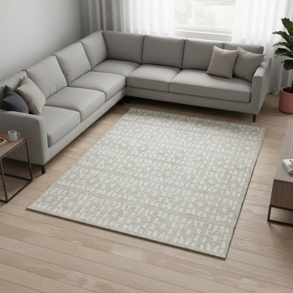 HomeRoots 10' X 14' Beige And Ivory Geometric Area Rug – Washable, UV-Protected, Durable for Busy Homes! 676248