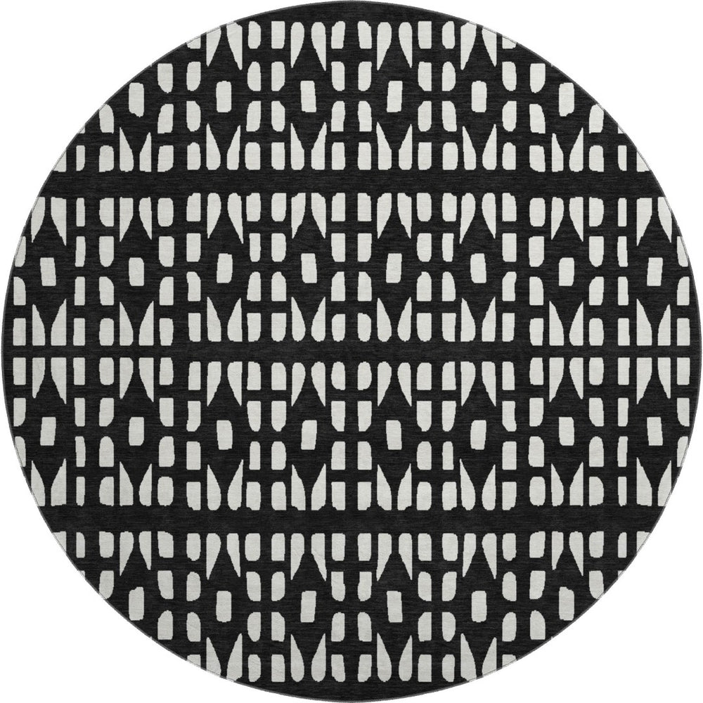 HomeRoots 8' Washable Black and Ivory Geometric Round Rug with UV Protection for Modern Living Spaces 676251