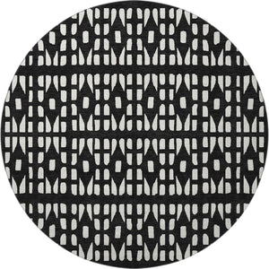 HomeRoots 8' Washable Black and Ivory Geometric Round Rug with UV Protection for Modern Living Spaces 676251
