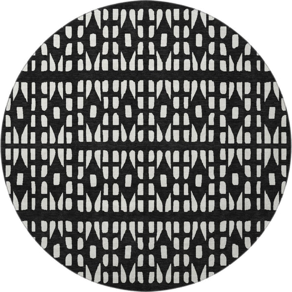HomeRoots 8' Washable Black and Ivory Geometric Round Rug with UV Protection for Modern Living Spaces 676251